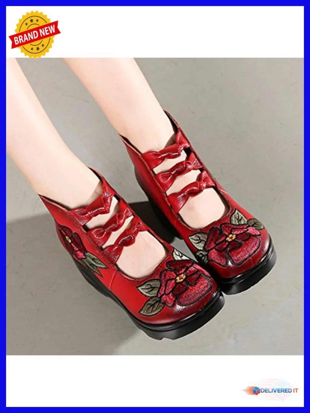 Leather Round Toe Platform Wedges Mary Jane Pumps